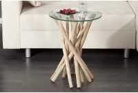 Table d'appoint design en verre et bois flotté