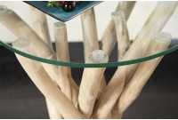 Table d'appoint design en verre et bois flotté