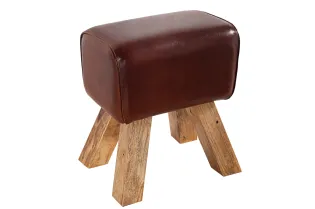 Tabouret design en bois revêtu en vrai cuir marron 2