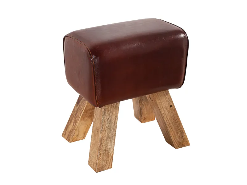 Tabouret design en bois revêtu en vrai cuir marron