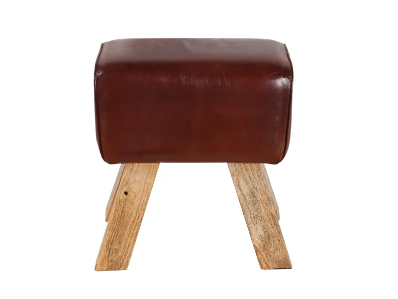 Tabouret design en bois revêtu en vrai cuir marron