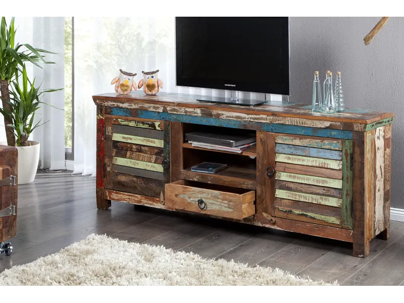 Meuble TV 150 cm design en bois recyclé multicouleur