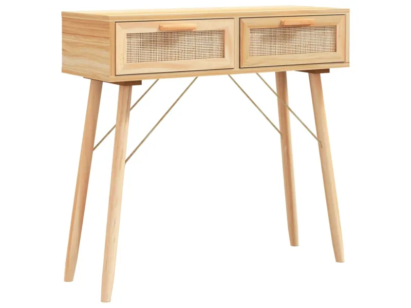Table console Marron 80x30x75 cm Bois massif pin /rotin naturel