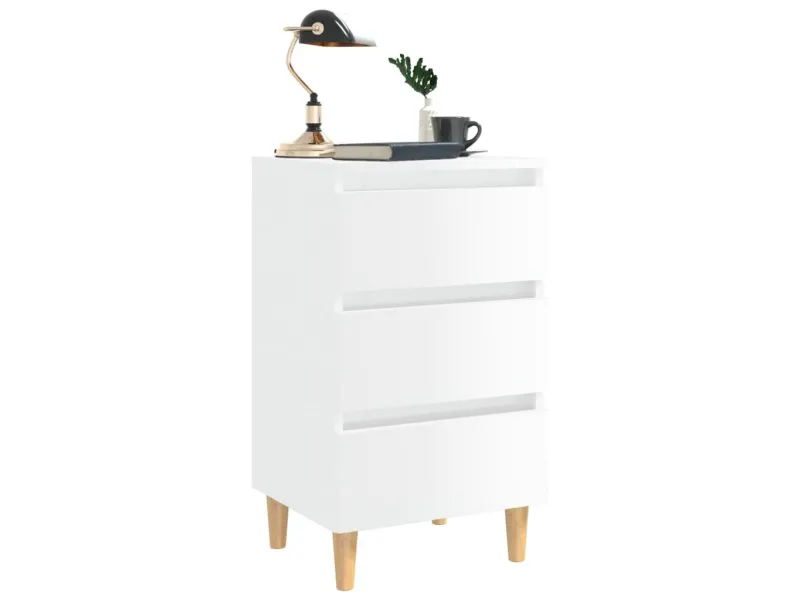 Table de chevet avec pieds en bois Blanc brillant 40x35x69 cm