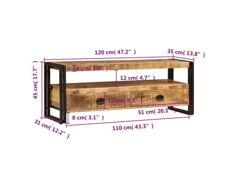 Meuble TV 120x35x45 cm Bois solide de manguier