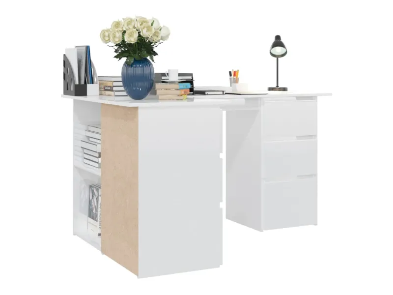 Bureau d'angle Blanc brillant 145x100x76 cm Aggloméré
