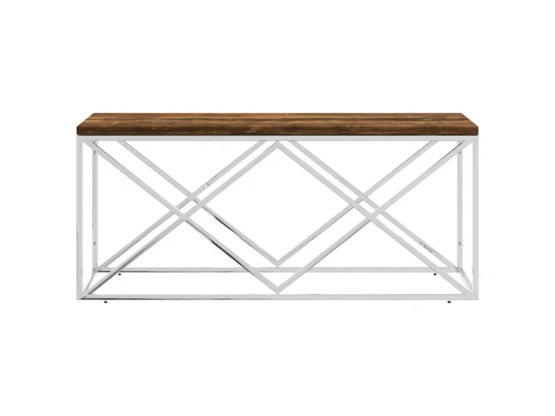 Table basse acier inoxydable et bois massif de récupération