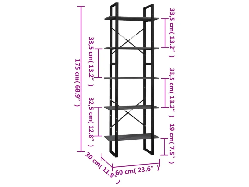 Bibliothèque à 5 niveaux Gris 60x30x175 cm Bois de pin