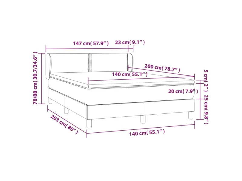 cadre de lit et matelas Gris foncé 140x200cm Velours