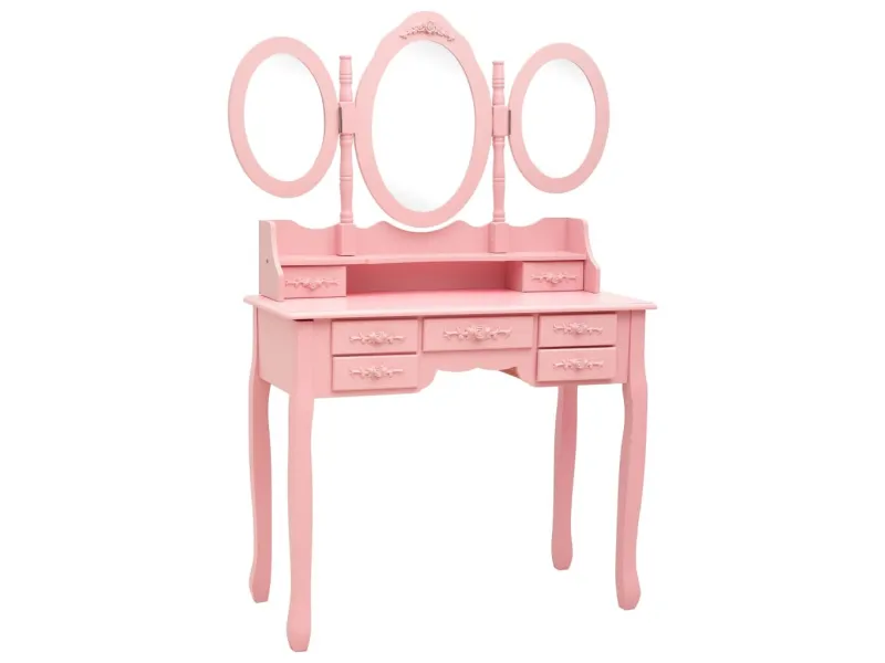 Coiffeuse avec tabouret et miroir pliable en 3 Rose