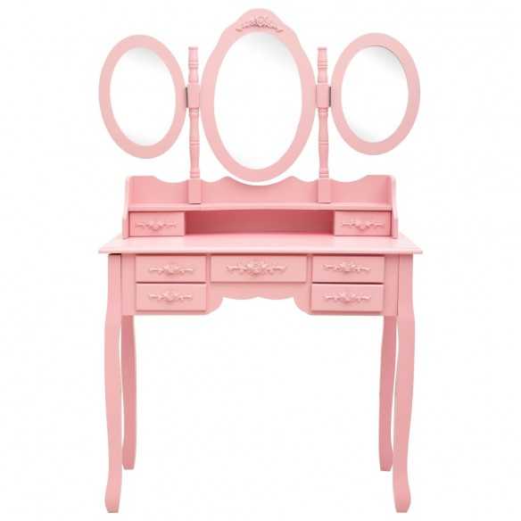 Coiffeuse avec tabouret et miroir pliable en 3 Rose
