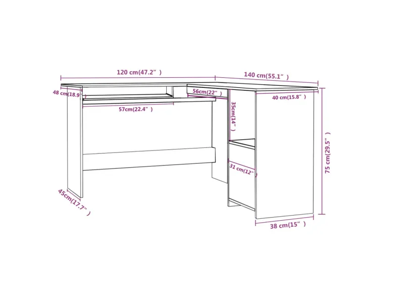 Bureau d'angle forme de L Blanc brillant 120x140x75cm Aggloméré