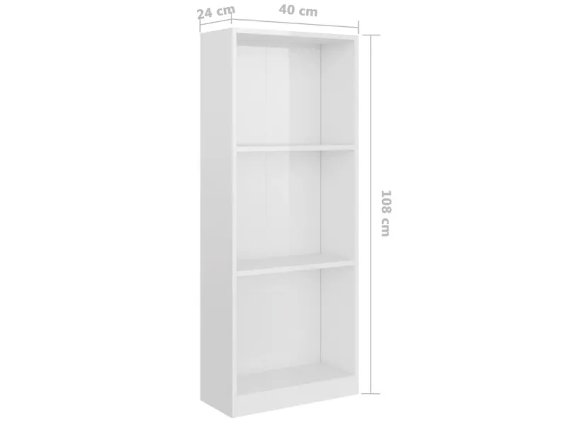 Bibliothèque à 3 niveaux Blanc brillant 40x24x108 cm Aggloméré