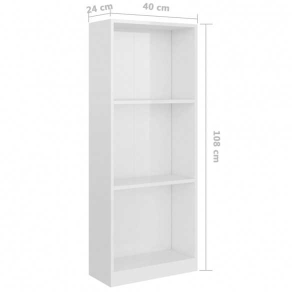 Bibliothèque à 3 niveaux Blanc brillant 40x24x108 cm Aggloméré