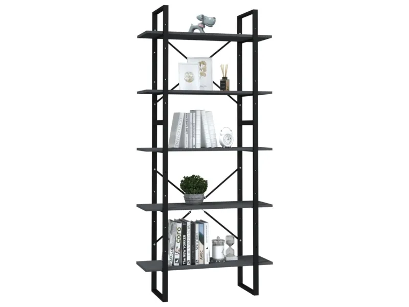Bibliothèque à 5 niveaux Gris 80x30x175 cm Bois de pin
