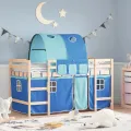 Lit mezzanine enfants avec tunnel bleu 90x200cm bois pin massif
