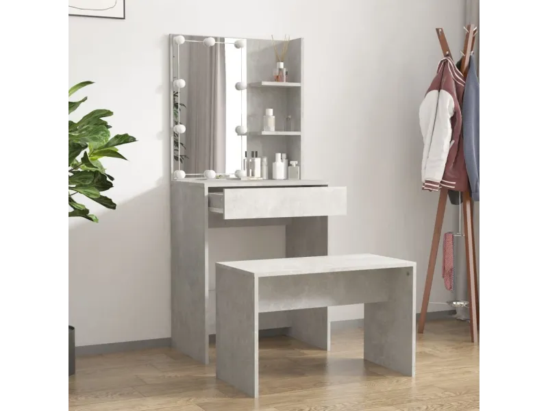 Ensemble de coiffeuse avec LED Gris béton Bois d'ingénierie