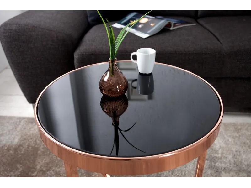 Table d'appoint design en verre noir / métal cuivré