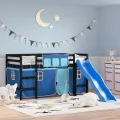 Lit mezzanine enfants et rideaux bleu 80x200cm bois pin massif