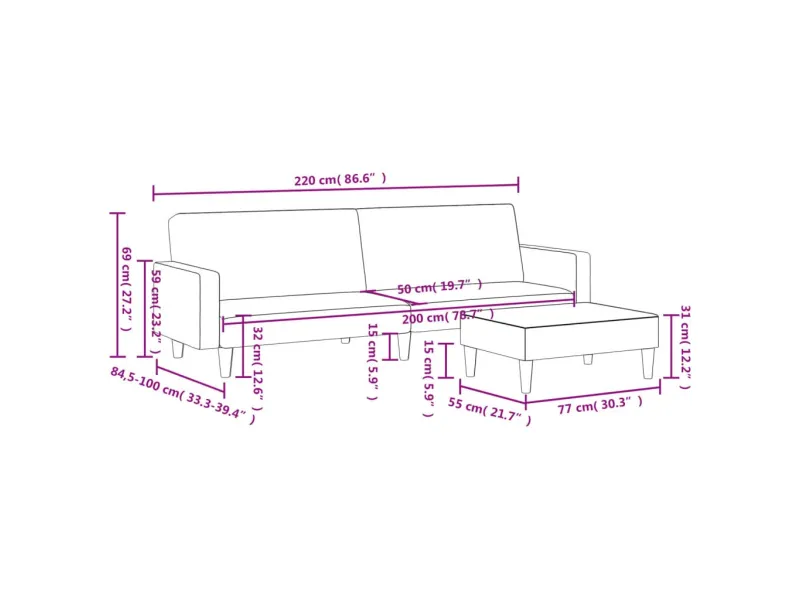 Canapé-lit à 2 places avec repose-pied noir tissu