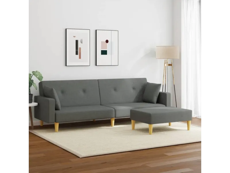 Canapé-lit à 2 places avec repose-pied gris foncé tissu