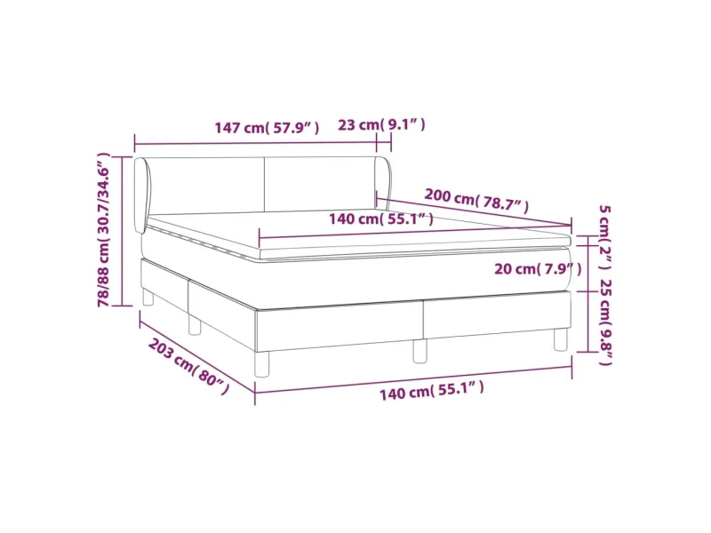cadre de lit et matelas Gris clair 140x200cm Velours