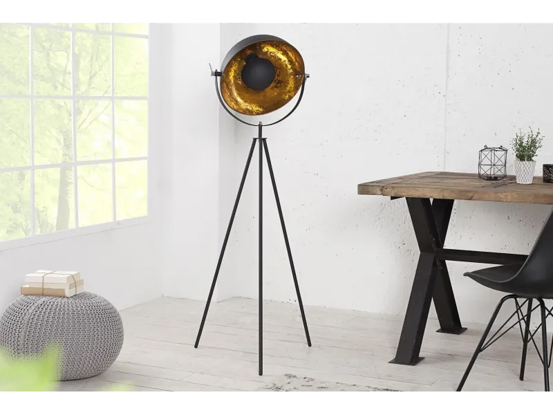 Lampadaire trépied design en acier inoxydable et en aluminium coloris noir et or