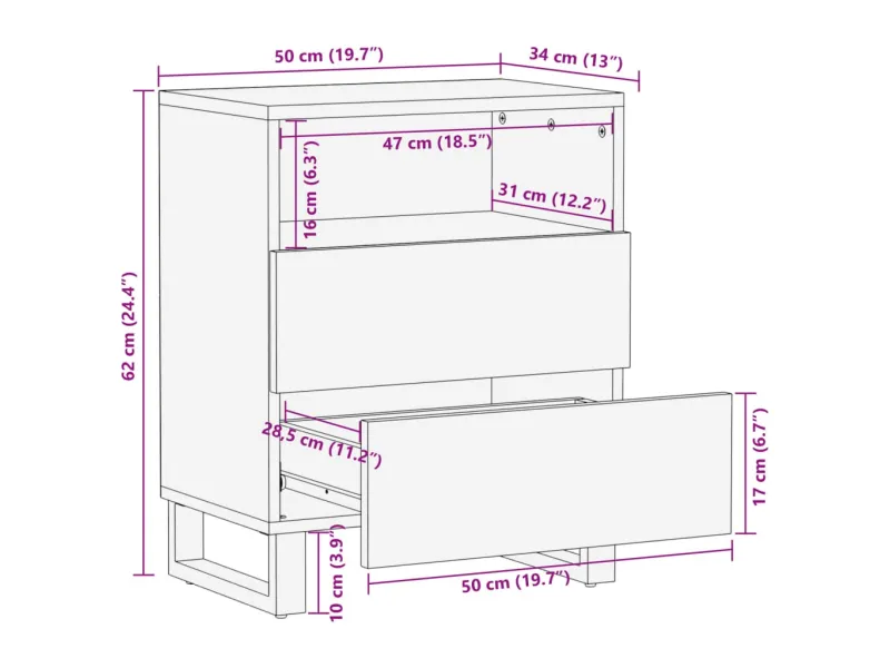 Table de chevet 50x34x62 cm bois de manguier massif brut