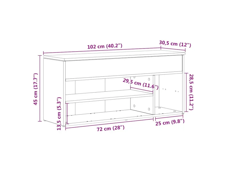 Banc à chaussures chêne sonoma 102x30,5x45 cm bois d'ingénierie