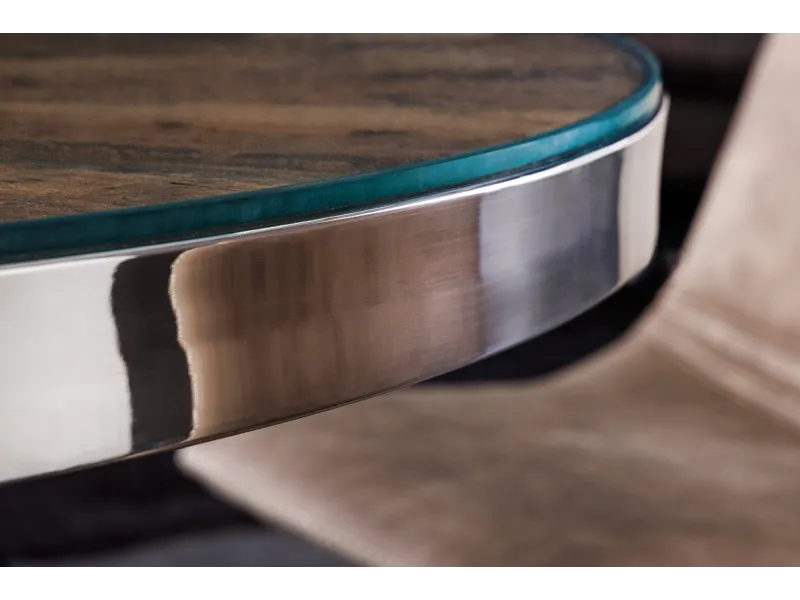 Table à Manger Ronde en Teck et Verre – Élégance Naturelle et Design Chromé Ø140 cm