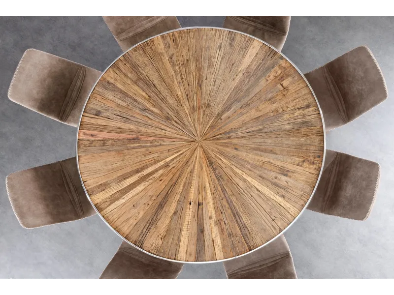Table à Manger Ronde en Teck et Verre – Élégance Naturelle et Design Chromé Ø140 cm