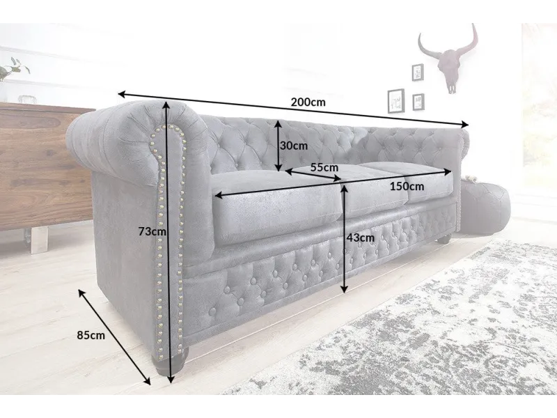 Canapé CHESTERFIELD 3 Places en Microfibre Gris Antique – Élégance, Confort et Robustesse