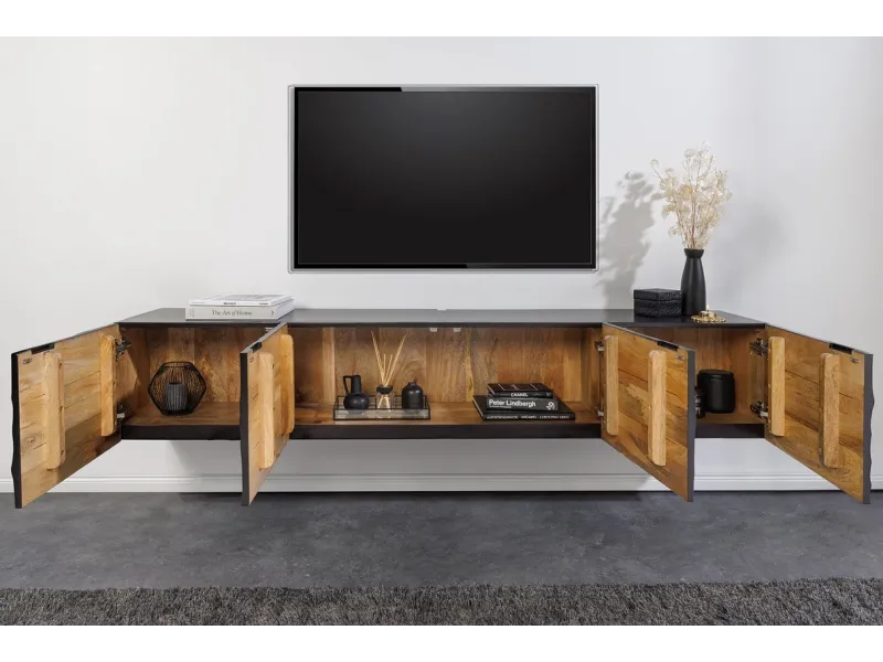 Meuble TV SCORPION 200 cm - Élégance Suspendue en Bois de Manguier Noir