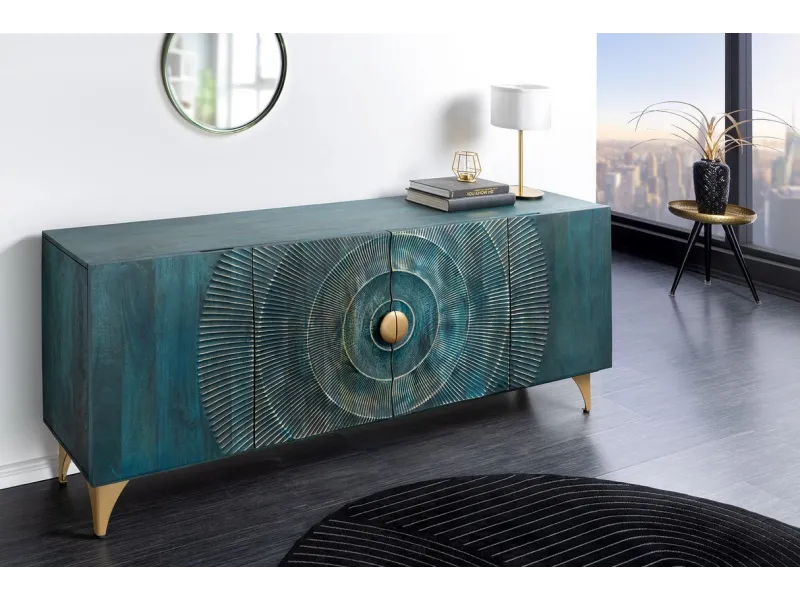 Buffet bois manguier turquoise 180 cm – Design chic doré | Bellozia