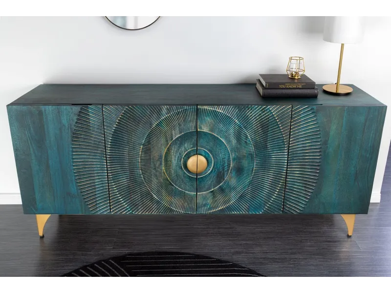 Buffet bois manguier turquoise 180 cm – Design chic doré | Bellozia