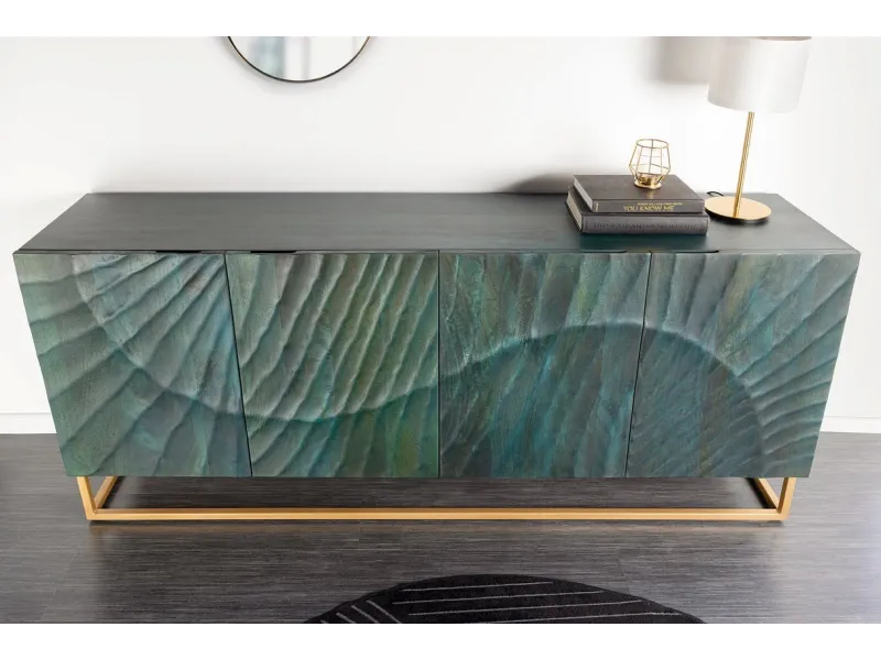 Buffet bois manguier turquoise 180 cm – Design 3D doré chic | Bellozia