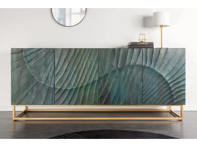 Buffet bois manguier turquoise 180 cm – Design 3D doré chic | Bellozia