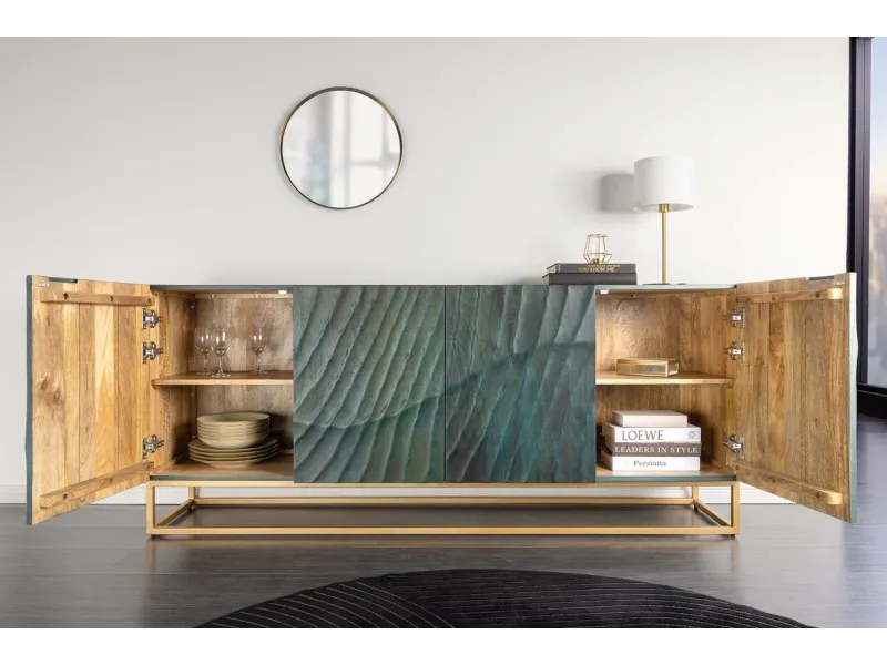 Buffet bois manguier turquoise 180 cm – Design 3D doré chic | Bellozia