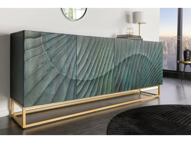 Buffet bois manguier turquoise 180 cm – Design 3D doré chic | Bellozia
