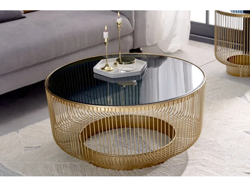 Table basse dorée design avec verre noir – table basse ronde moderne glamour| Bellozia