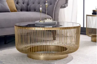 Table basse dorée design avec verre noir – table basse ronde moderne glamour| Bellozia