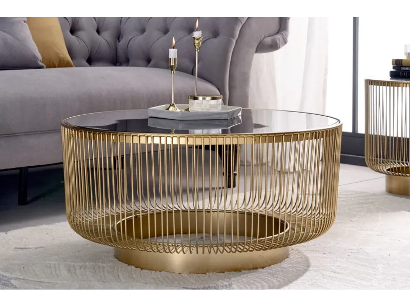 Table basse dorée design avec verre noir – table basse ronde moderne glamour| Bellozia