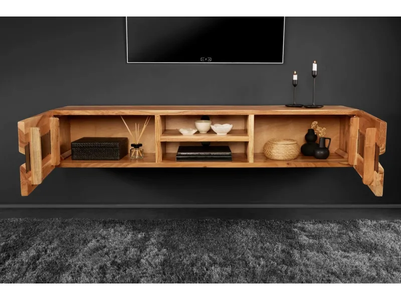 Meuble tv bois massif |Meuble tv design coloris naturel et noir à 2...