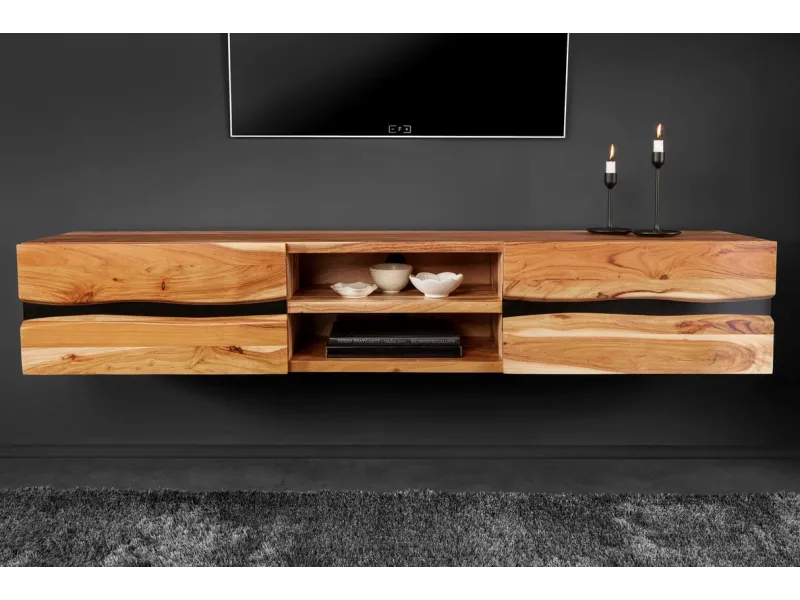 Meuble tv bois massif |Meuble tv design coloris naturel et noir à 2...