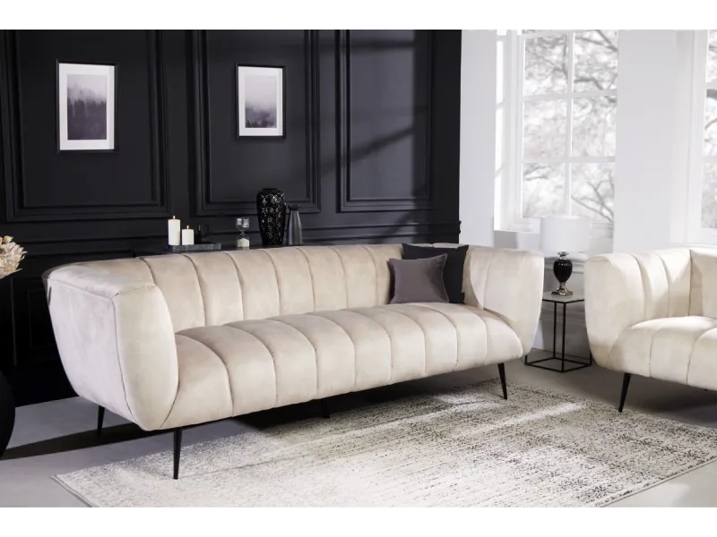 Canapé velours 3 places champagne – Design rétro chic avec pieds noirs