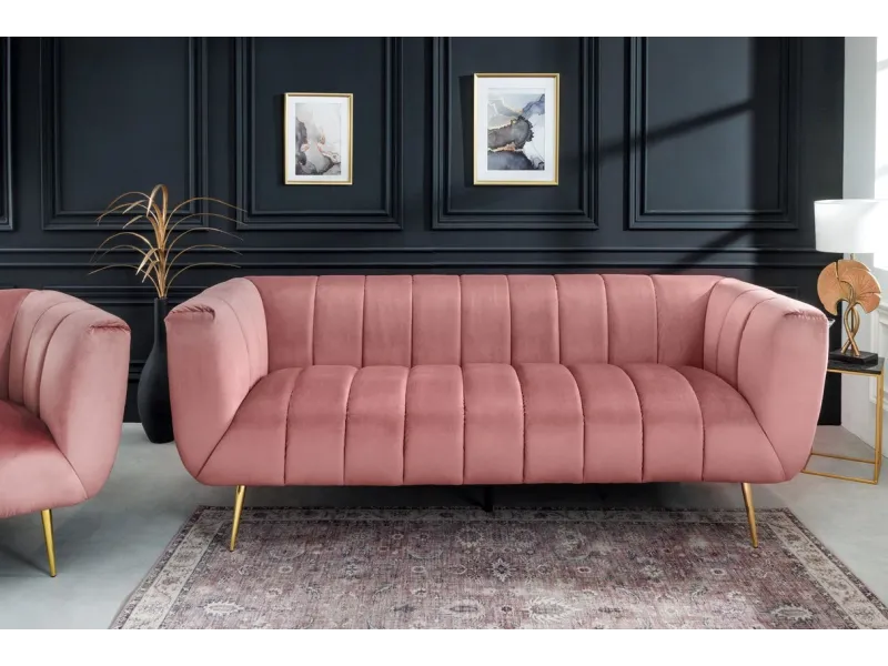 Canapé velours 3 places vieux rose – Design rétro chic avec pieds dorés