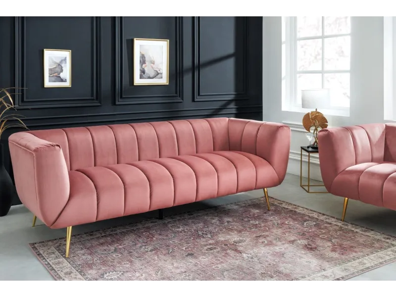 Canapé velours 3 places vieux rose – Design rétro chic avec pieds dorés