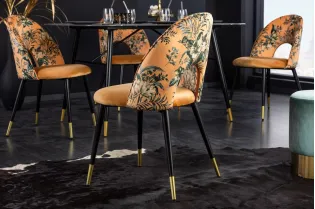 Chaise de salle à manger en velours jaune motif floral – vue de face – Bellozia 2
