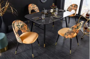 Chaise de salle à manger en velours jaune motif floral – vue de face – Bellozia