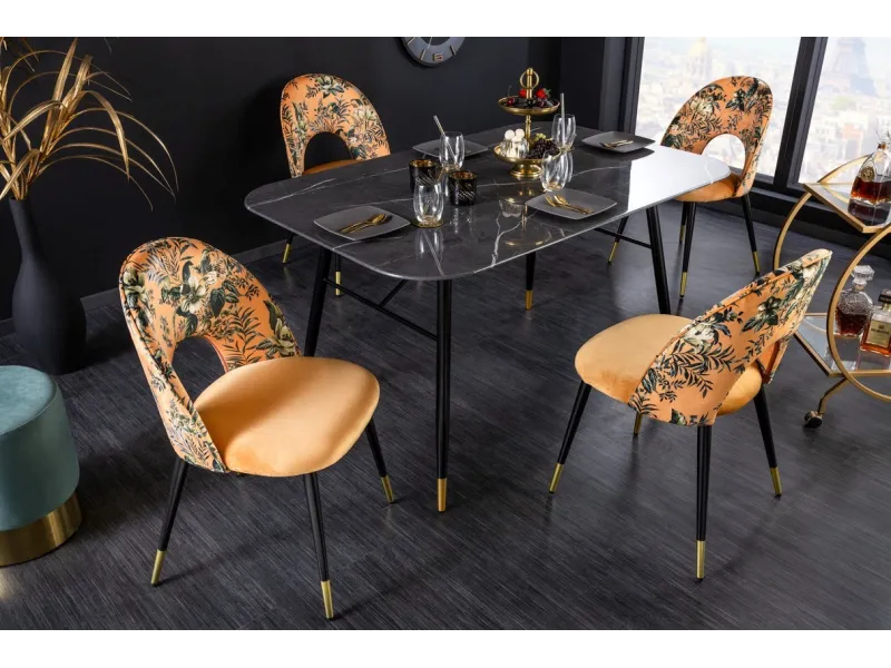 Chaise de salle à manger en velours jaune motif floral – vue de face – Bellozia